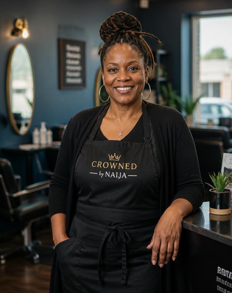 Salon owner standing at her front desk