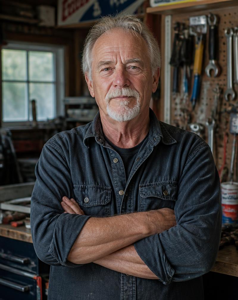 Retired contractor in his workshop