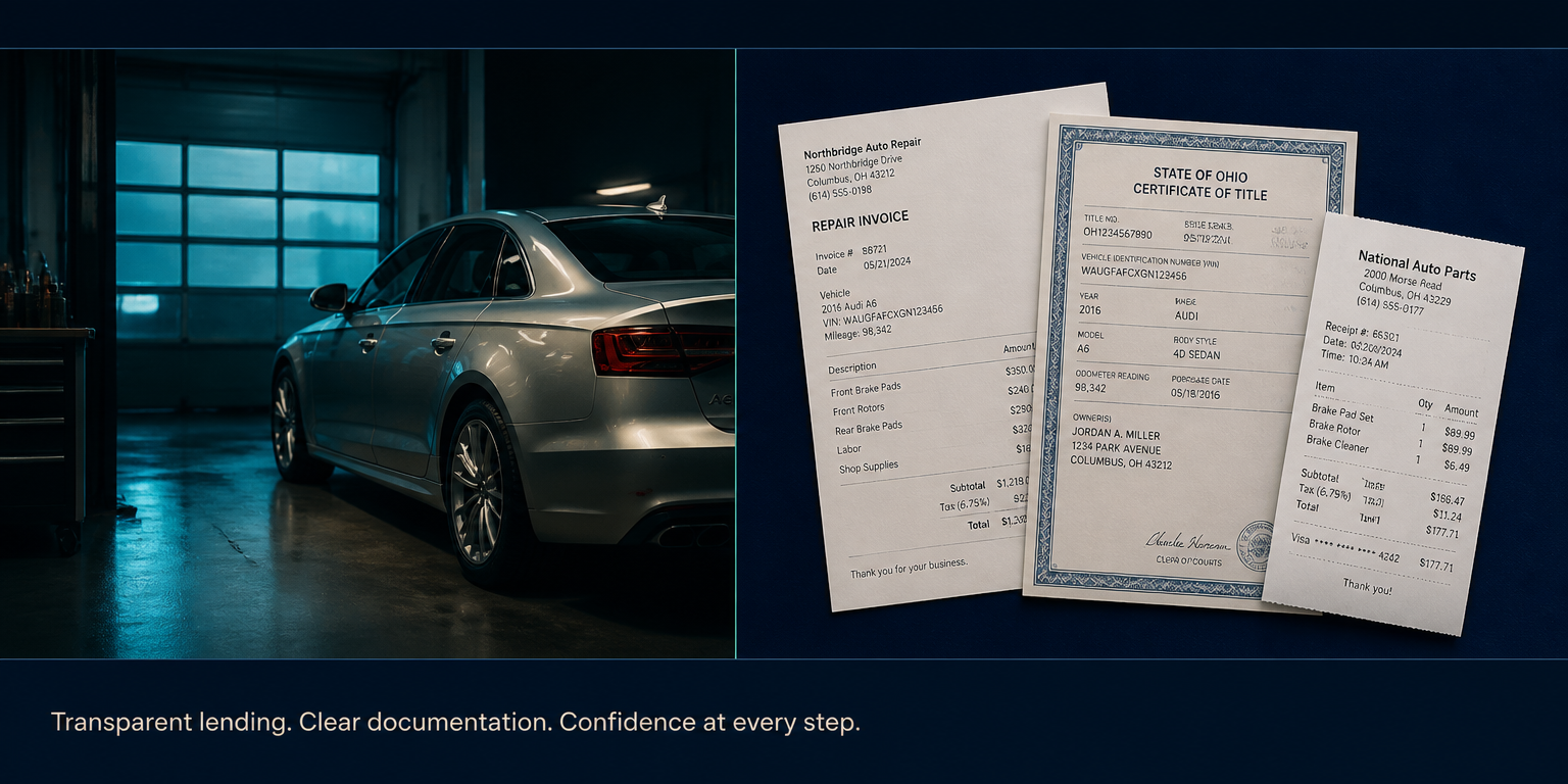 A financed vehicle alongside its title, repair invoice and parts receipt